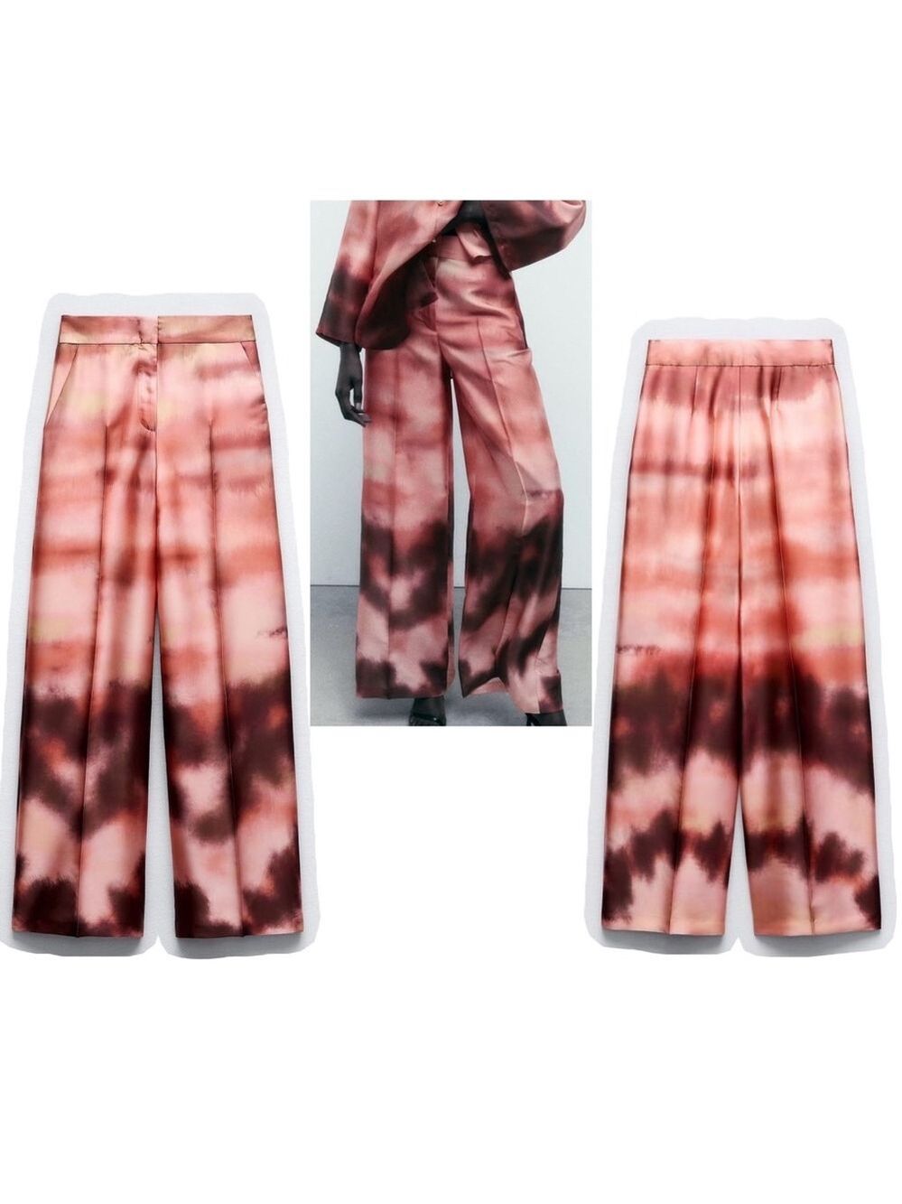 Zara NWOT pink Ombre tie-dye satin effect high waisted wide leg trouser pants￼